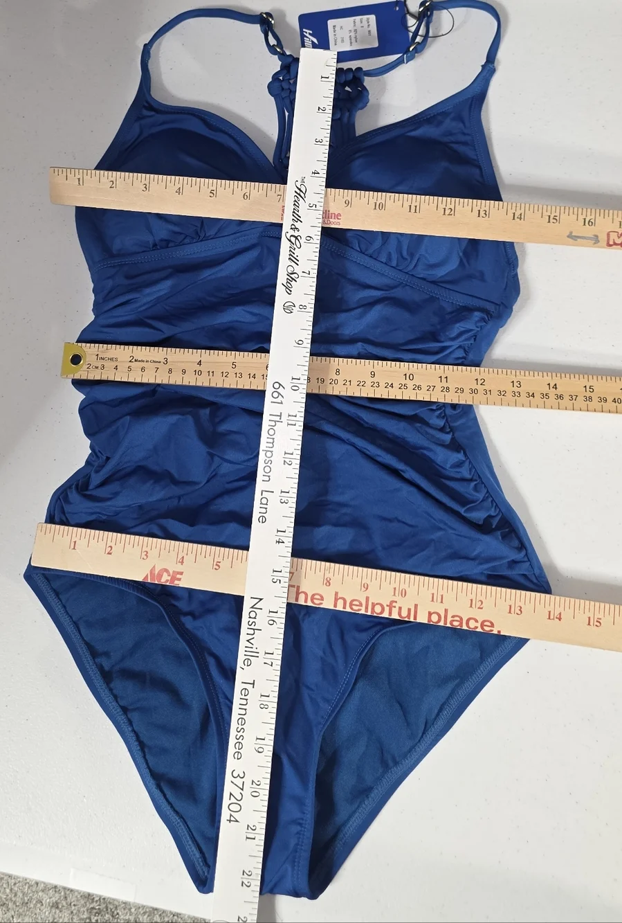 Hilor Halter Sculpting Royal Blue Macramé Back One-Piece Swimsuit Gorgeous! Sz 8 - Picture 15 of 17